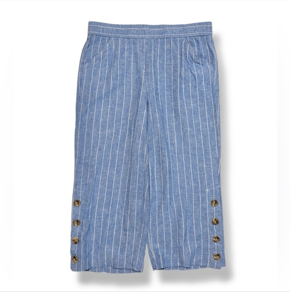 LAND N SEA Blue White Striped Linen Blend Pull On Capri Pants Button - Picture 7 of 10